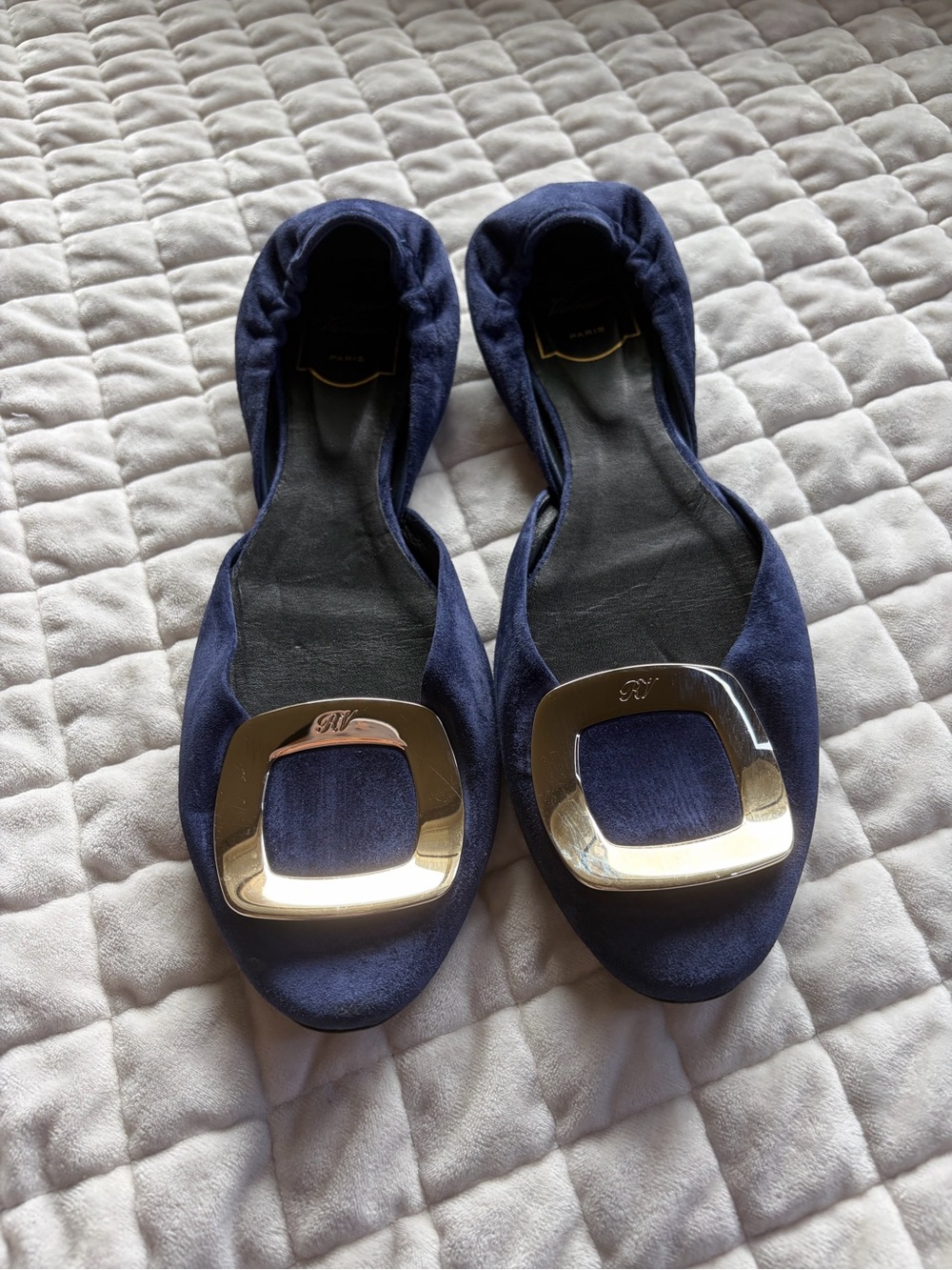 Roger Vivier Navy Suede Flats with Gold Buckle
